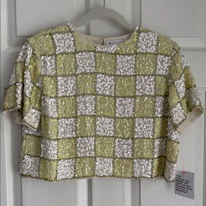 NWT - ASOS DESIGN CROPPED OPEN BACK T-SHIRT IN LIME/WHITE SEQUIN CHECKERBOARD